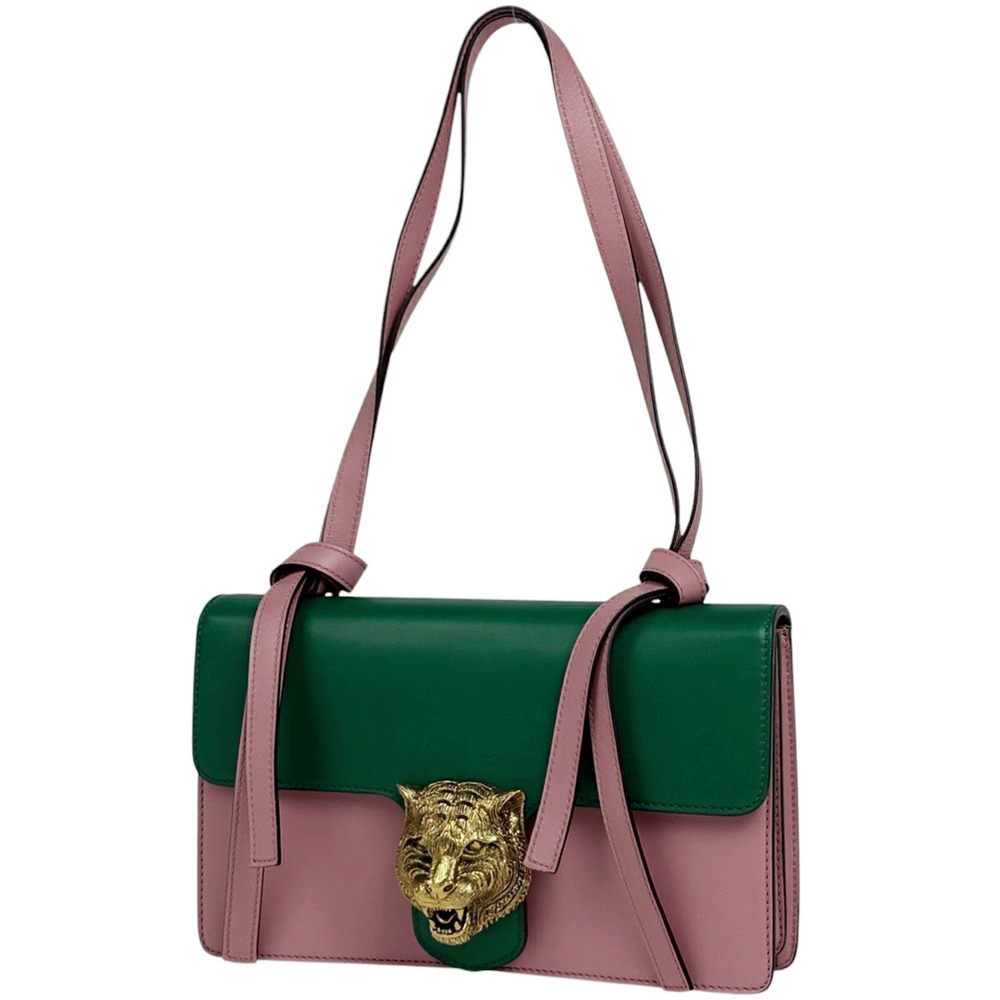 Gucci Animalier Shoulder Bag Tiger Head Leather Pink Green